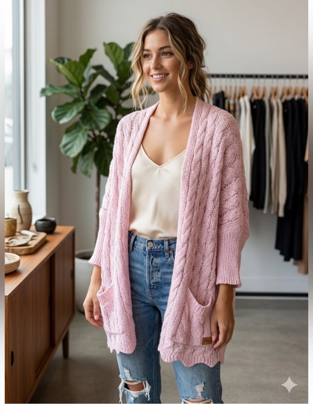 POL Clothing Oversized Slouchy Open-Front Cable Knit Cardigan size L
